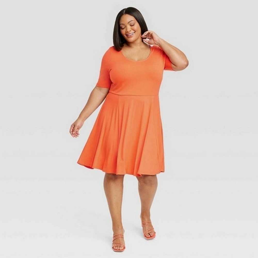 Ava & Viv Elbow Sleeve Flared Midi Dress | Orange